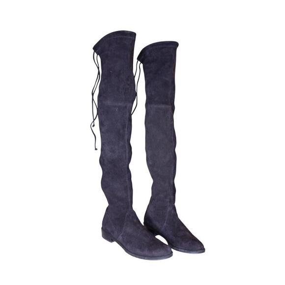 Stuart Weitzman Over the Knee Black Suede Boots Stretch Flats Size 7M